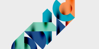 Soyut geometrik şekiller örtüşür, dinamik bileşim yaratır. Maviler, yeşiller, turuncu renkler tasarımda baskın. Minimalist stil.