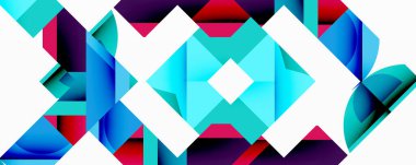 Soyut geometrik şekiller, canlı renkler, dinamik bileşim. Modern tasarım, temiz çizgiler, görsel uyum. Kalın zıtlıklar, ilgi çekici kalıplar.