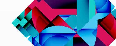 Soyut geometrik bileşim. Şekiller çakışıyor, dinamik görsel etki yaratıyor. Renkler arasında mavi, kırmızı, pembe, mor var. Modern tasarım.