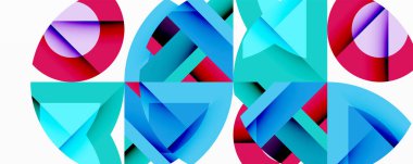 Soyut geometrik desen. Canlı renkler kesişiyor, dinamik görsel deneyim yaratıyor. Şekiller örtüşür, karmaşık bileşim oluşturur.