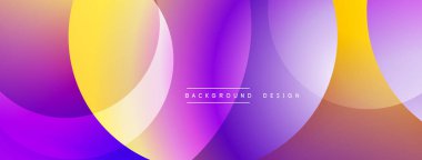 Soyut renkli arkaplan. Üst üste binen daireler canlı gradyanlar yaratır, mor, sarı, turuncu renkler dizaynın baskın renkleri. Modern estetik.