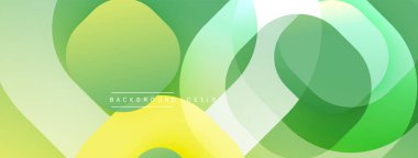 Soyut tasarım özellikleri üst üste binen daireler, gradyanlar. Renkler sarı, yeşil, beyaz. Modern estetik, basit kompozisyon.