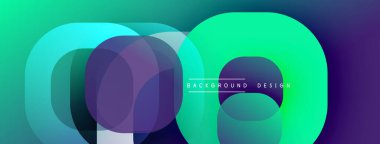 Soyut çemberler çakışıyor, canlı gradyanlar yaratıyor. Turkuaz, mor renkler koyu arkaplana hakim. Modern tasarım ögesi.