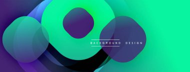 Soyut enerji çemberleri çakışıyor, dinamik eğimler yaratıyor. Yeşil, mor renkler kompozisyona hakim. Modern tasarım ögesi.