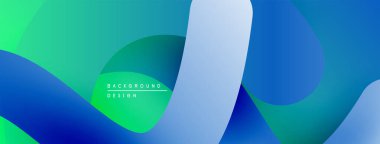 Soyut sıvı şekilleri, canlı maviler, yeşiller dinamik arkaplan oluşturur. Yumuşak eğimler, modern tasarım elementleri mevcut.