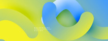 Soyut sıvı şekiller, canlı sarı, yeşil, mavi renkleri harmanlarlar. Modern tasarım hareketi, enerjiyi, yumuşak eğilimleri çağrıştırıyor. Arkaplan yaratıcılığı, yeniliği öneriyor.