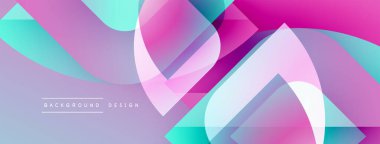 Soyut geometrik şekiller, canlı renklerin karışımı. Pembe, turkuaz, mor modern tasarım yaratır. Yumuşak eğimler, katmanlı biçimler görsel ilgi sunar.