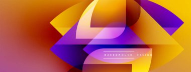 Soyut geometrik tasarım. Canlı gradyanlar turuncu, mor ve pembe renkleri harmanlarlar. Katmanlı şekilli modern arkaplan, dinamik bileşim.