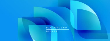 Soyut mavi şekiller örtüşür, dinamik görsel efekt yaratır. Modern tasarım değişken renkler içerir, metin arkaplan tasarımı okur.