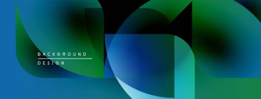 Soyut geometrik şekiller örtüşür, parlak mavi, yeşil eğimler yaratır. Modern tasarım elementleri akıcılık ve dinamizmi önerir.