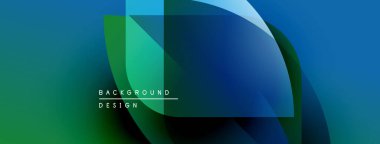 Soyut geometrik şekiller örtüşür, parlak mavi, yeşil eğimler yaratır. Modern tasarım elementleri derinlik, hareket, görsel ilgi.