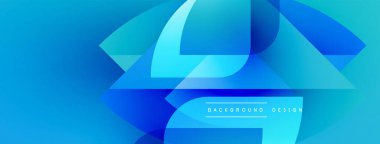 Soyut mavi tasarım, dinamik görsel etki yaratan katmanlı geometrik şekiller oluşturur. Gradyan renkler derinliği artırır, modern estetik.