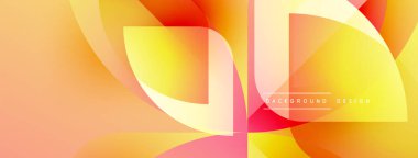 Soyut tasarım canlı turuncu, sarı renkler içerir. Üst üste binen şekiller dinamik görsel efekt yaratır. Modern, temiz estetik.
