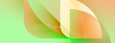 Soyut gradyanlar çakışıyor, dinamik görsel etki yaratıyor. Açık yeşil arka plan turuncu ve sarı renkleri tamamlıyor. Modern tasarım ögesi.