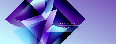 Soyut geometrik şekiller örtüşüyor, canlı mor ve mavi renkler yaratıyor. Tasarım metin arkaplan tasarımı içerir. Modern, şık bir görüntü..