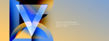 Soyut tasarım canlı örtüşen şekiller içerir, mavi, turuncu renkler. Gradyan arka plan modern görsel etki yaratır. Basit metin arkaplan tasarımı okur.