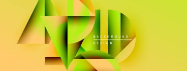 Soyut geometrik katmanlar parlak sarı arkaplan oluşturur. Modern tasarım üst üste binen şekiller, gradyanlar, metin ögeleri.