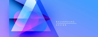 Soyut geometrik şekiller örtüşerek canlı mavi gradyan arkaplan oluşturur. Modern tasarım elementleri dijital sanat ve yenilik öneriyor.