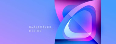 Soyut tasarım katmanlı şekiller, canlı renkler içerir. Gradyan mor, mavi, pembe renkleri harmanlıyor. Modern estetik, temiz çizgiler sunar.