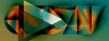 Soyut geometrik şekiller örtüşür, dinamik bileşim yaratır. Gradyan renkler harmanlanarak modern tasarım ögesi oluşturur. Metin arkaplan tasarımı okur.