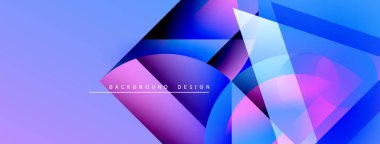 Soyut geometrik şekiller canlı mor, mavi renkleri harmanlarlar. Modern tasarım üst üste binen katmanlar, dinamik görsel efekt yaratır.