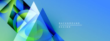 Soyut geometrik şekiller örtüşür, parlak mavi, yeşil eğimler yaratır. Arkaplanda metin arkaplan tasarımı var. Modern, temiz estetik.