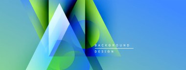 Soyut geometrik şekiller canlı maviler, yeşiller, sarılar harmanlarlar. Modern tasarım yenilik, teknoloji, dinamik enerji öneriyor. Arkaplanda metin ögeleri.