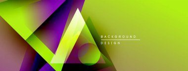 Soyut geometrik şekiller örtüşüyor, canlı renk eğimleri yaratıyor. Sarı egemen, mor aksanlar mevcut. Modern tasarım ögesi.