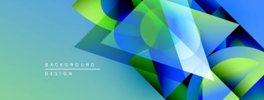 Soyut geometrik şekiller örtüşür, parlak mavi, yeşil eğimler yaratır. Tasarım, metin elemanları arka plan, tasarım içerir. Modern estetik.