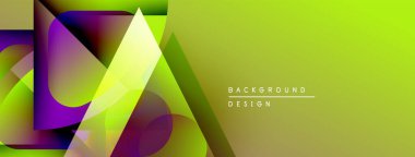 Soyut geometrik şekiller örtüşür, canlı gradyanlar yaratır. Yeşil egemen, mor aksanlar mevcut. Modern tasarım ögesi.