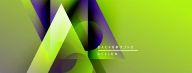 Soyut geometrik şekiller örtüşüyor, canlı yeşil, mor renkler yaratıyor. Modern tasarım dinamik enerji ve görsel ilgi öneriyor.