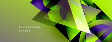 Soyut geometrik şekiller örtüşüyor, canlı yeşil, mor renkler yaratıyor. Dinamik görsel efektli modern arkaplan tasarımı.