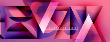 Soyut geometrik şekiller, canlı pembeler, morlar modern arka plan yaratır. Üst üste binen katmanlar derinlik ve dinamik görsel efekt gösteriyor.