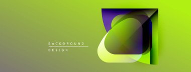 Soyut geometrik tasarım. Canlı yeşil, mor renkler harmanlanmış. Katmanlı şekilli modern arkaplan, dinamik bileşim.
