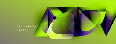 Soyut geometrik şekiller örtüşüyor, canlı renk eğimleri yaratıyor. Kireç yeşili arka planda baskın, mor aksanlar mevcut. Modern tasarım ögesi.