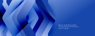 Soyut mavi geometrik şekiller dinamik arkaplan yaratır. Modern tasarım katmanlı kareler, gradyanlar, metin ögeleri.
