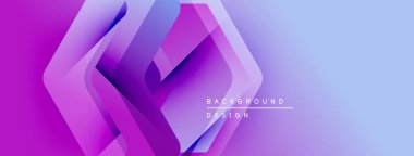 Soyut geometrik şekiller mor, pembe ve mavi renkleri harmanlarlar. Modern tasarım teknoloji, yenilik, dinamik hareket öneriyor. Arkaplanda metin ögeleri.