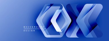 Soyut mavi tasarım katmanlı geometrik şekiller içerir. Metin arka plan tasarımı okur. Modern, temiz estetik.