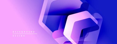 Soyut geometrik şekiller örtüşür, dinamik mor gradyan oluşturur. Modern tasarım elementleri teknoloji ve yenilik öneriyor.