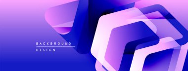 Soyut geometrik şekiller örtüşüyor, canlı mor ve mavi renkler yaratıyor. Modern tasarım teknoloji, yenilik ve dinamizm öneriyor..