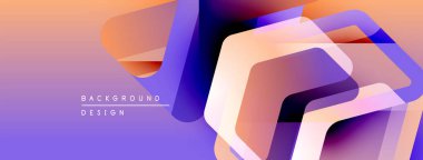Soyut geometrik şekiller örtüşüyor, canlı mor, turuncu renkler yaratıyor. Modern tasarım dinamik ve taze hissettiriyor. Arkaplan yenilik ve teknoloji öneriyor.