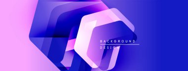 Soyut geometrik şekiller örtüşür, canlı gradyanlar yaratır. Pembe, mor, mavi renkler kompozisyona hakim. Modern tasarım ögesi.