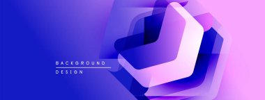 Soyut geometrik şekiller örtüşüyor, parlak mavi ve mor renkler yaratıyor. Modern tasarım elementleri teknoloji ve yenilik öneriyor.