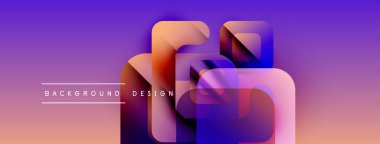 Soyut geometrik şekiller örtüşüyor, canlı mor, mavi, turuncu gradyan oluşturuyor. Metin arka plan tasarımı okur. Modern görsel kompozisyon.