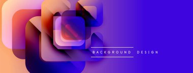 Soyut geometrik şekiller örtüşüyor, canlı renk eğimleri yaratıyor. Mavi, mor, turuncu renkler tasarımda baskın. Modern estetik.