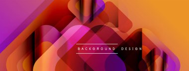 Soyut geometrik şekiller örtüşür, canlı gradyanlar yaratır. Sıcak renkler, mor aksanlı tasarıma hükmediyor. Modern estetik.