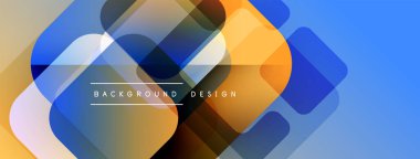 Soyut geometrik şekiller örtüşüyor, canlı renk eğimleri yaratıyor. Mavi, turuncu, sarı renkler tasarımda baskın. Modern estetik.