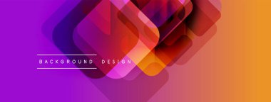 Soyut geometrik katmanlar canlı gradyan arkaplan oluşturur. Mor, turuncu renkler modern estetik sunarak tasarıma hakim..