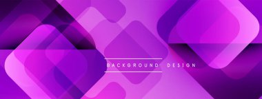 Soyut mor tasarım, üst üste binen kareler, dikdörtgenler, yuvarlak şekiller. Gradyan dinamik görsel efekt yaratır. Metin arkaplan tasarımı okur.