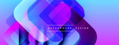 Soyut geometrik şekiller çakışıyor. Canlı mavi, mor renkler dinamik bir arkaplan yaratır. Modern tasarım elementleri sıvı bileşimini sunar.